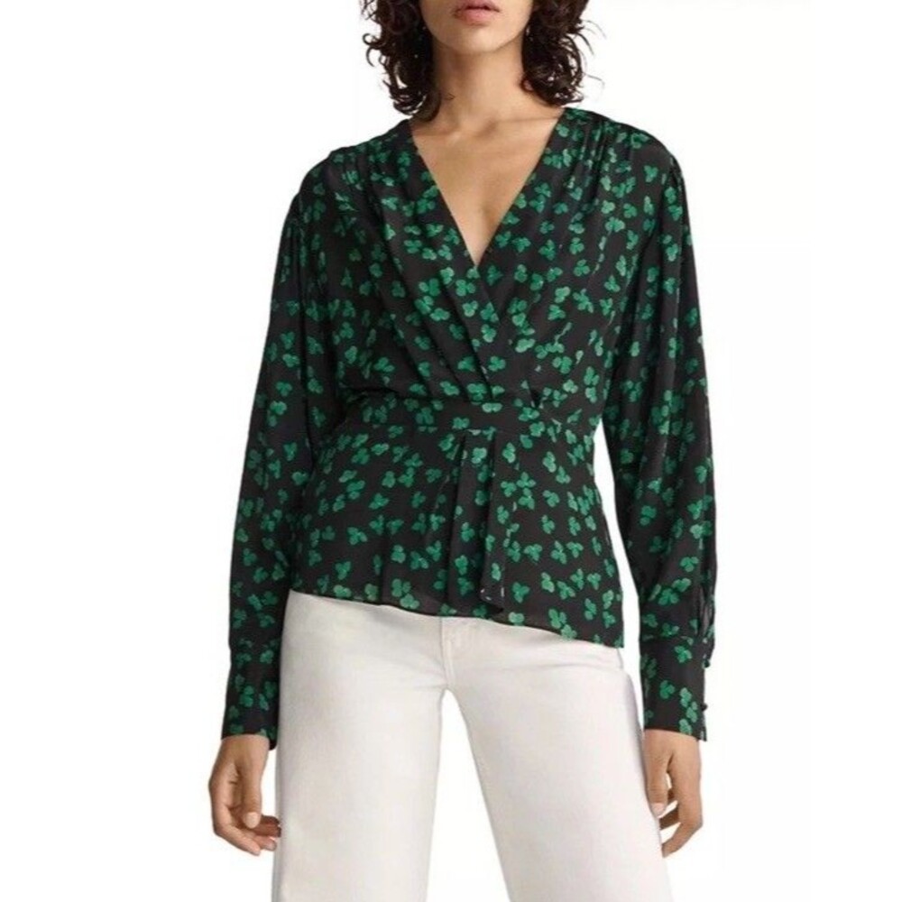 The Kooples Size S Black & Green Naive Romantic Flowers Silk Peplum Blouse $230